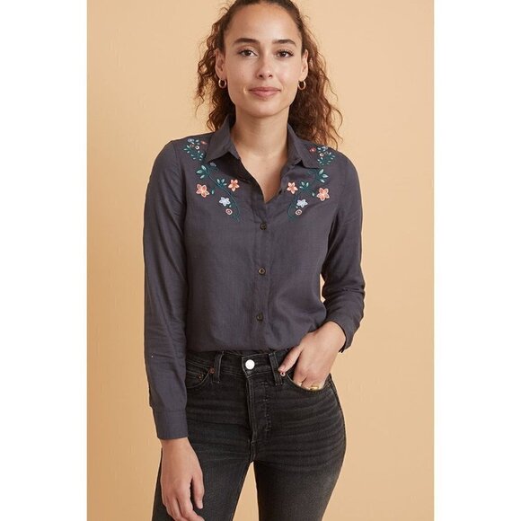 NWT Marine Layer Aria Relaxed Fit Embroidered Shirt in Black Small - Picture 1 of 7
